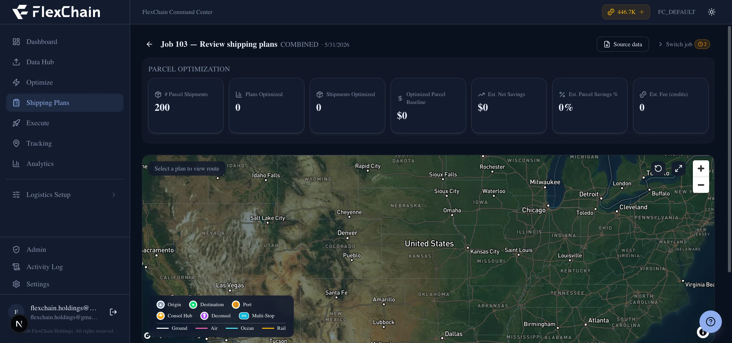 FlexChain Command Center — shipping plans with interactive route map, KPI cards, and optimization grid