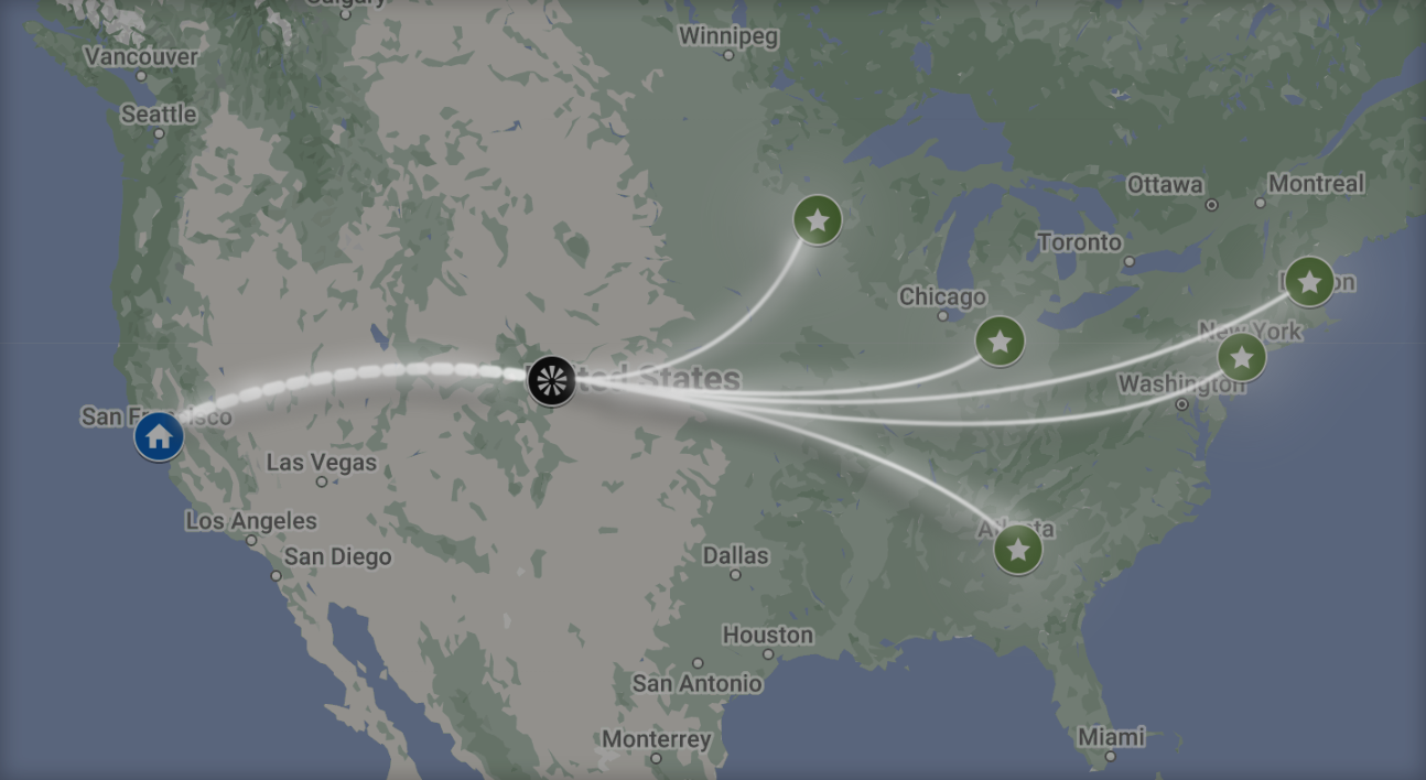 Zone skipping route optimization, glow-path visualization of consolidated parcel routes bypassing carrier zones