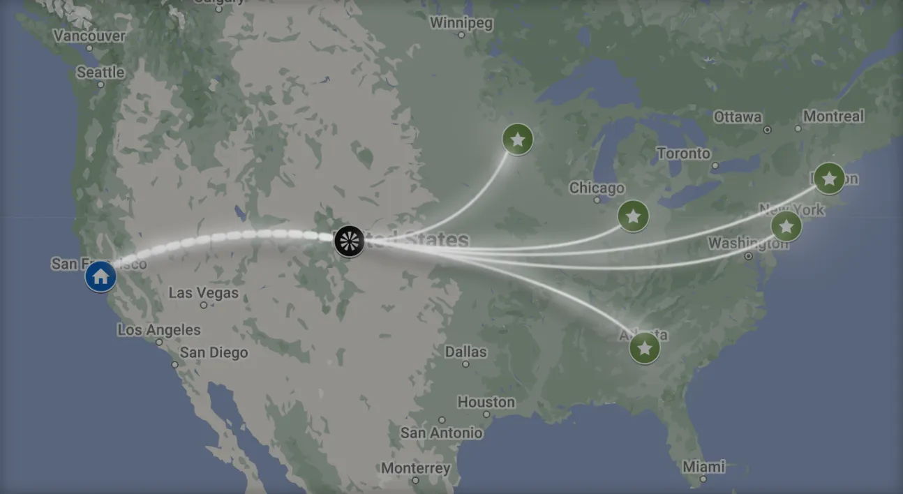 Zone skipping route optimization, glow-path visualization of consolidated parcel routes bypassing carrier zones